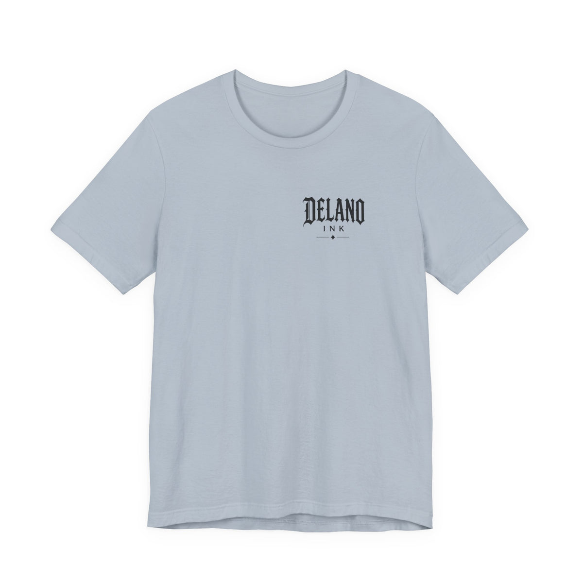 Front of shirt - small Delano Ink logo on the chest