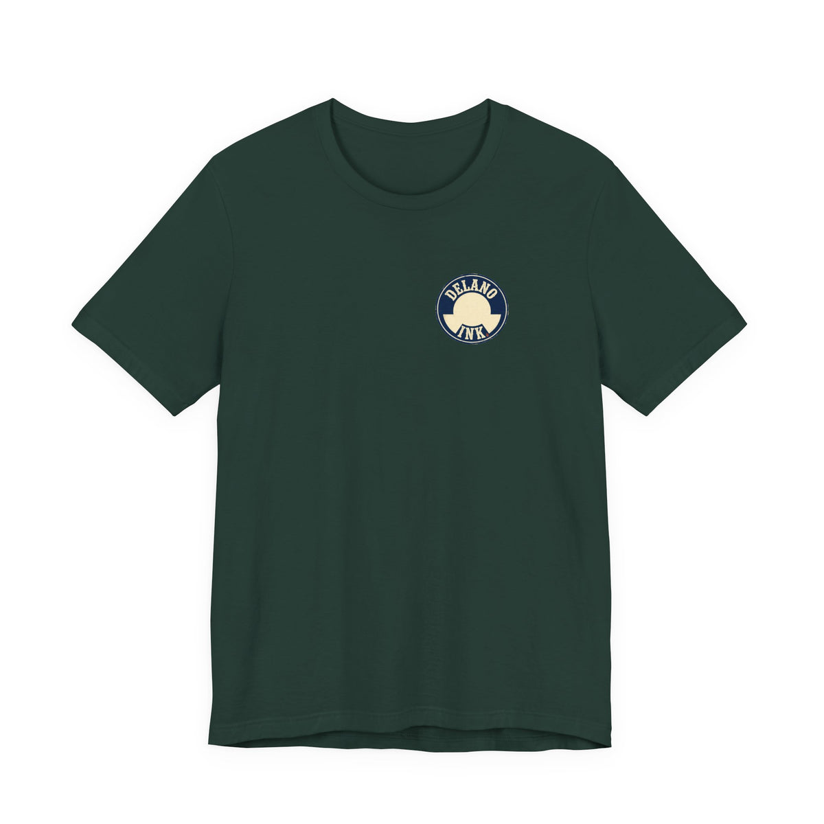 Front of shirt - small Delano Ink logo on the chest