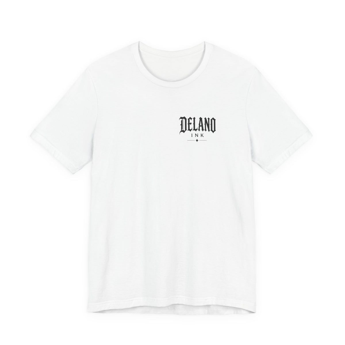 Front of shirt - small Delano Ink logo on the chest