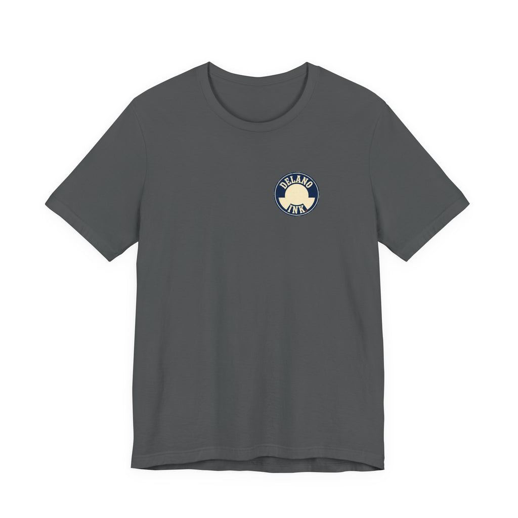 Front of shirt - small Delano Ink logo on the chest