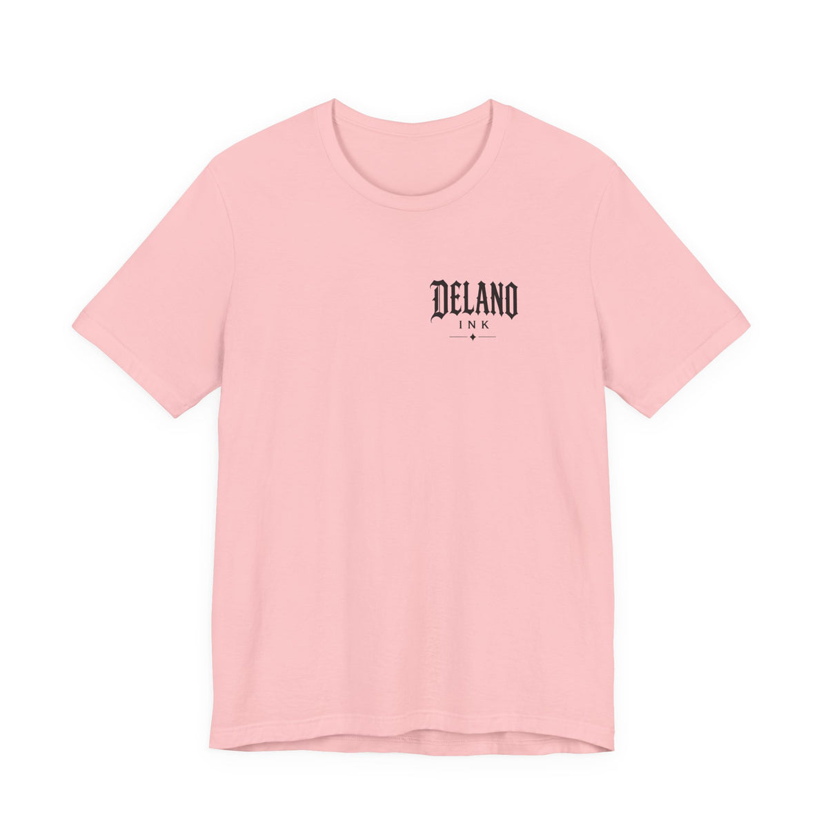 Front of shirt - small Delano Ink logo on the chest