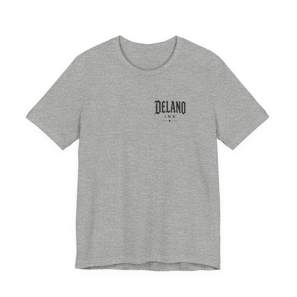 Front of shirt - small Delano Ink logo on the chest