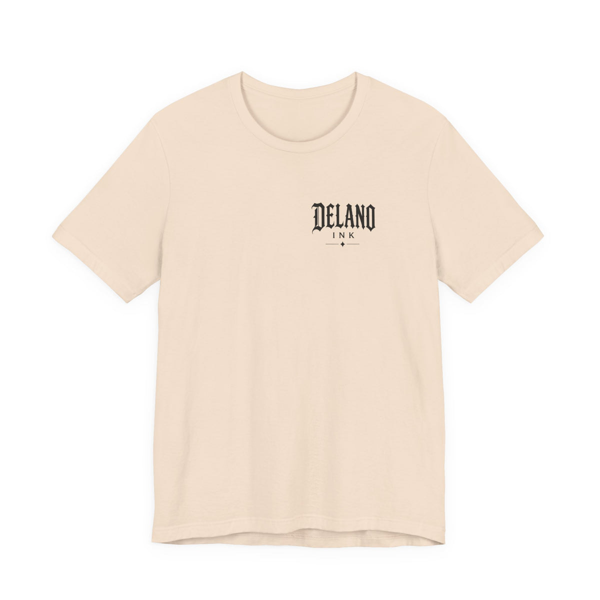 Front of shirt - small Delano Ink logo on the chest