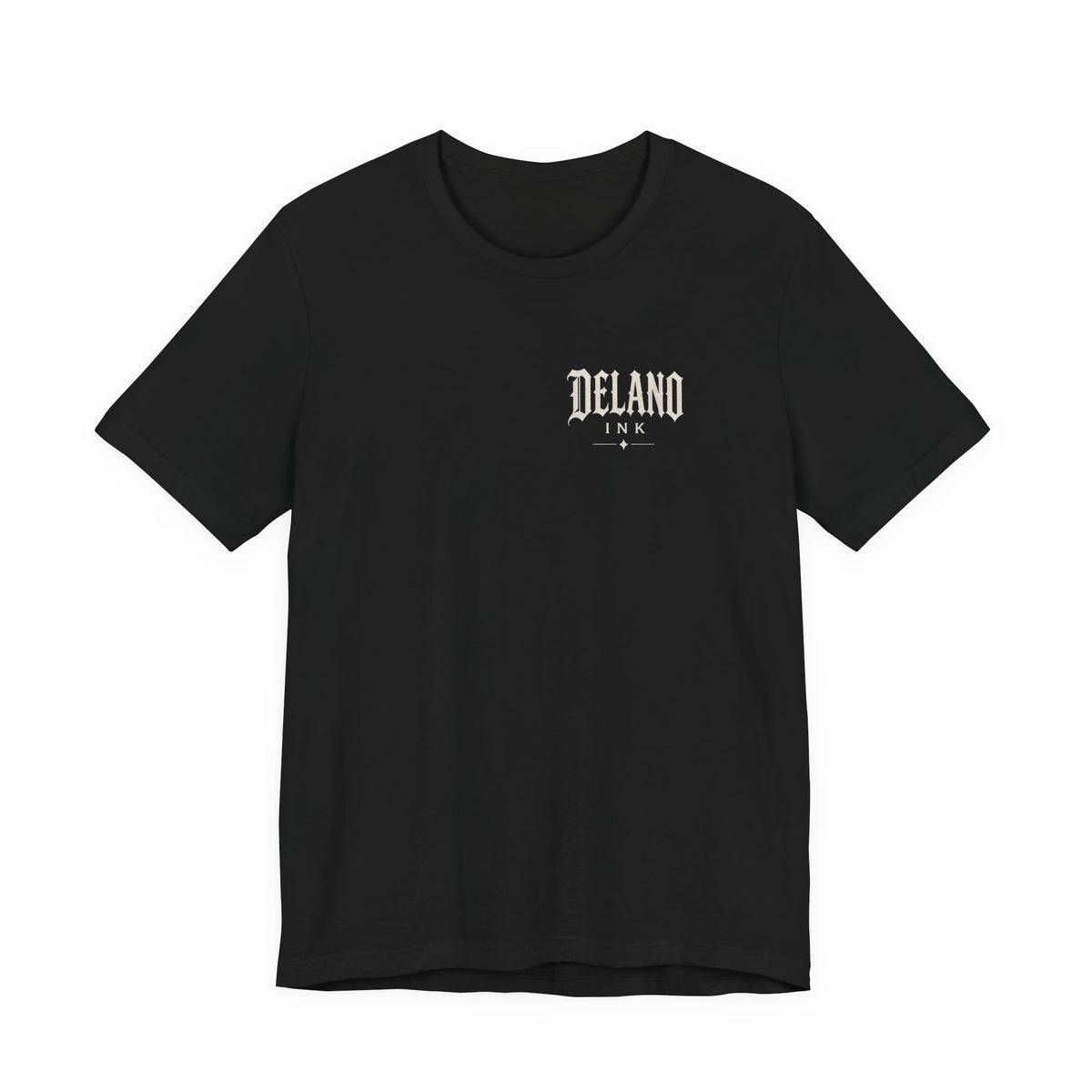 Front of shirt - small Delano Ink logo on the chest