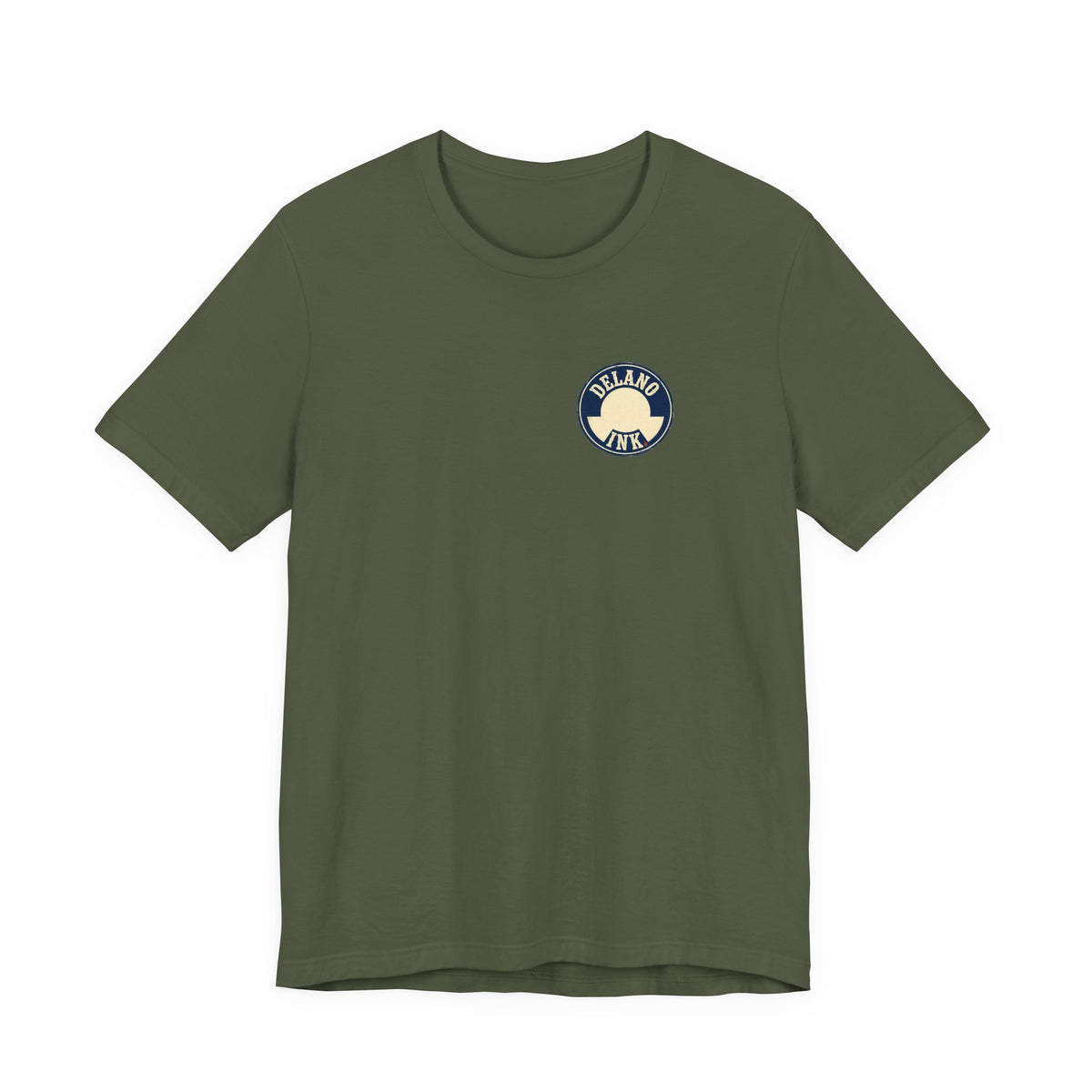 Front of shirt - small Delano Ink logo on the chest