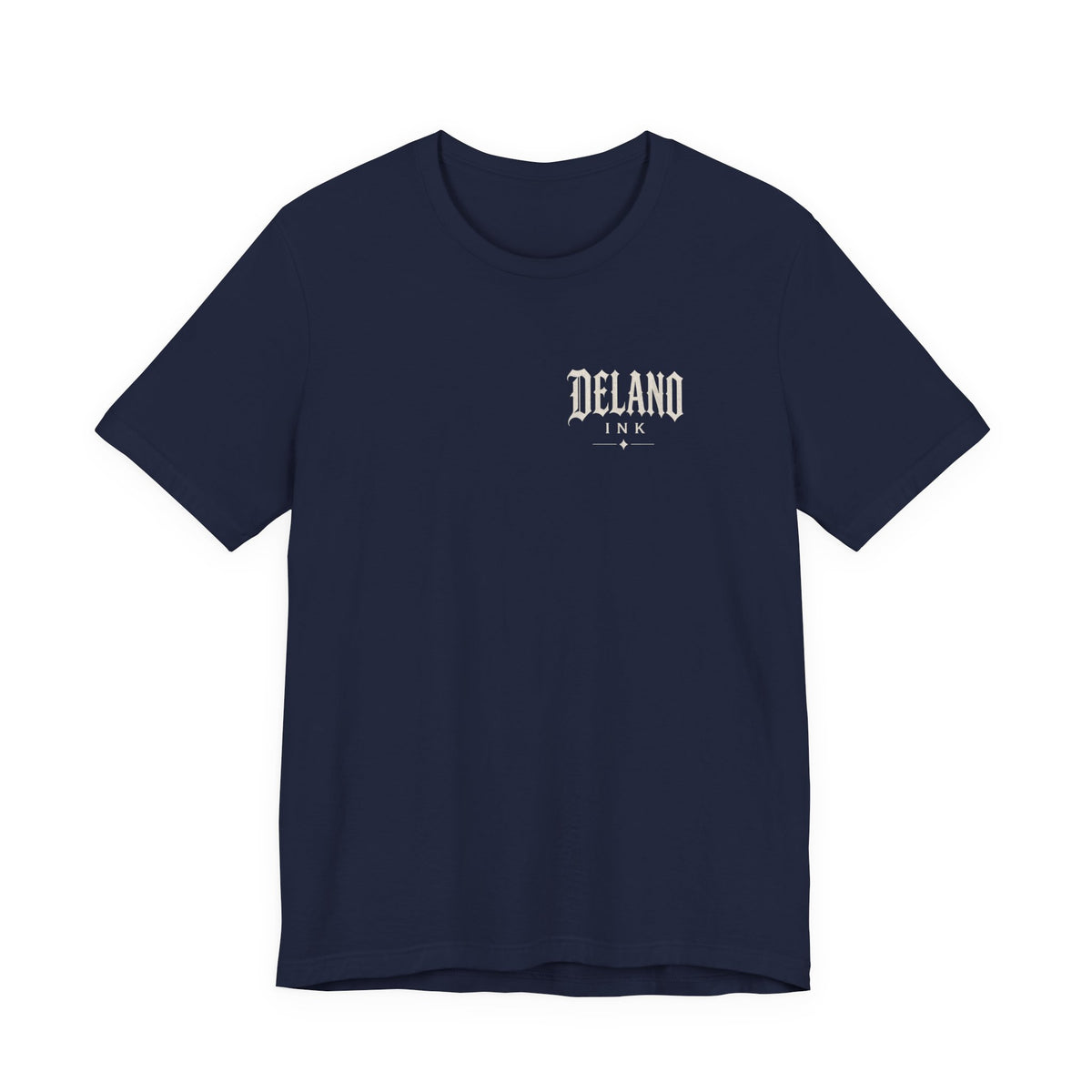 Front of shirt - small Delano Ink logo on the chest