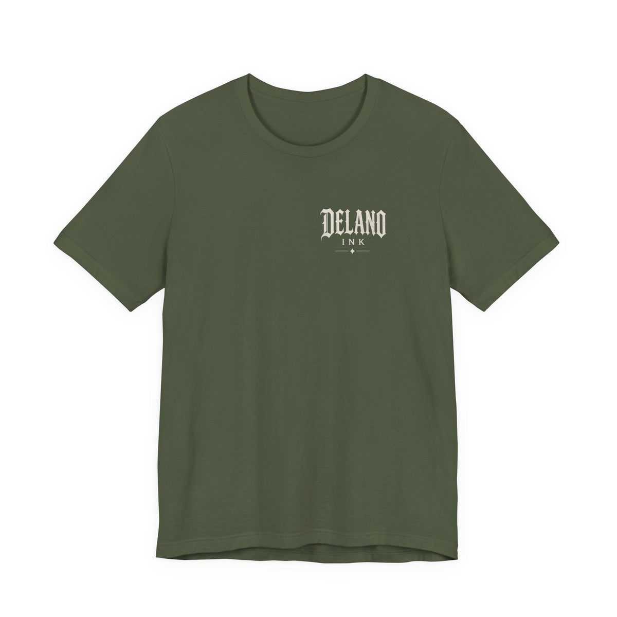 Front of shirt - small Delano Ink logo on the chest
