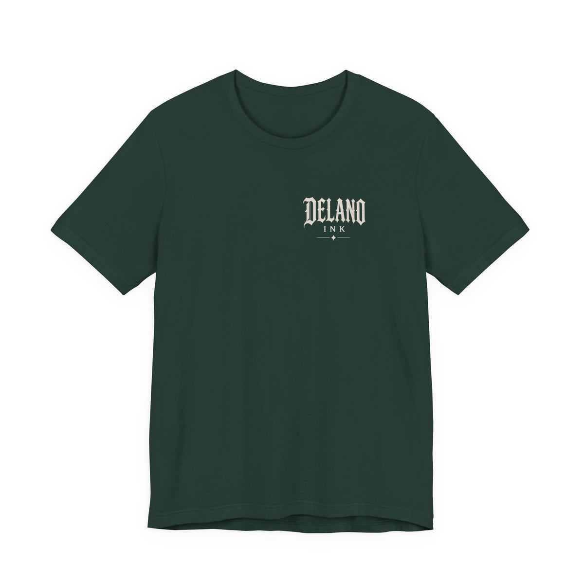 Front of shirt - small Delano Ink logo on the chest