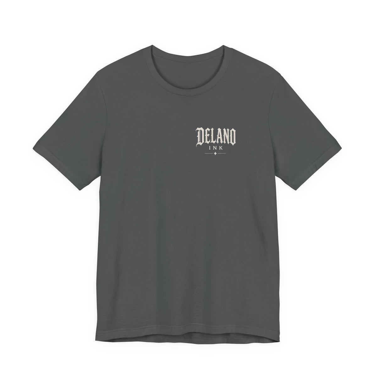 Front of shirt - small Delano Ink logo on the chest