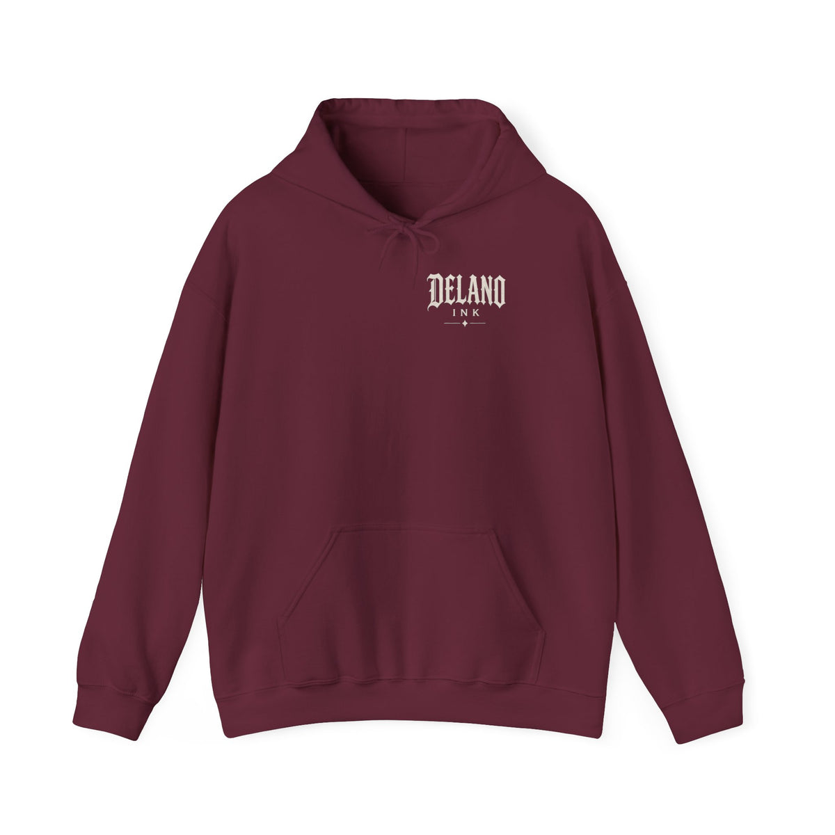 Front of shirt - small Delano Ink logo on the chest