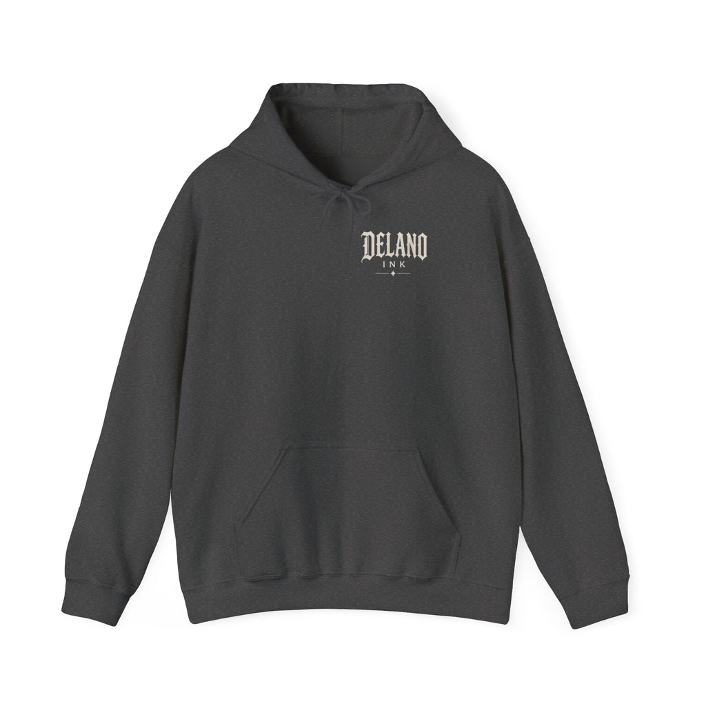 Front of shirt - small Delano Ink logo on the chest