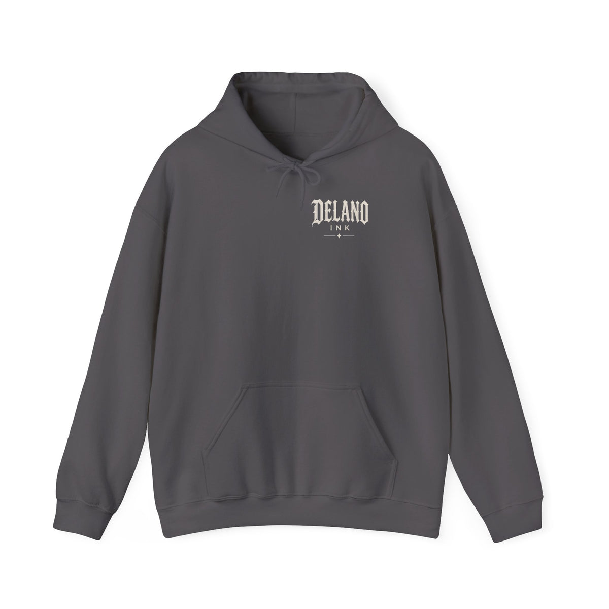 Front of shirt - small Delano Ink logo on the chest