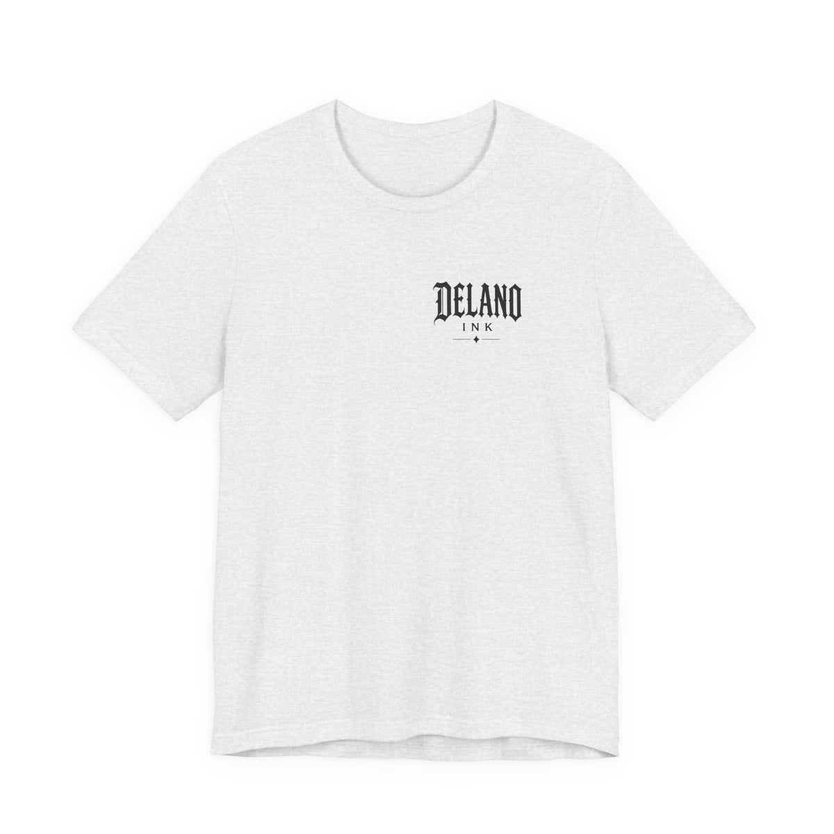 Front of shirt - small Delano Ink logo on the chest
