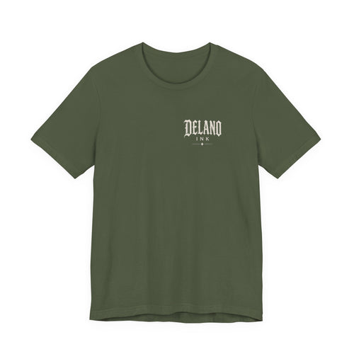 Front of shirt - small Delano Ink logo on the chest