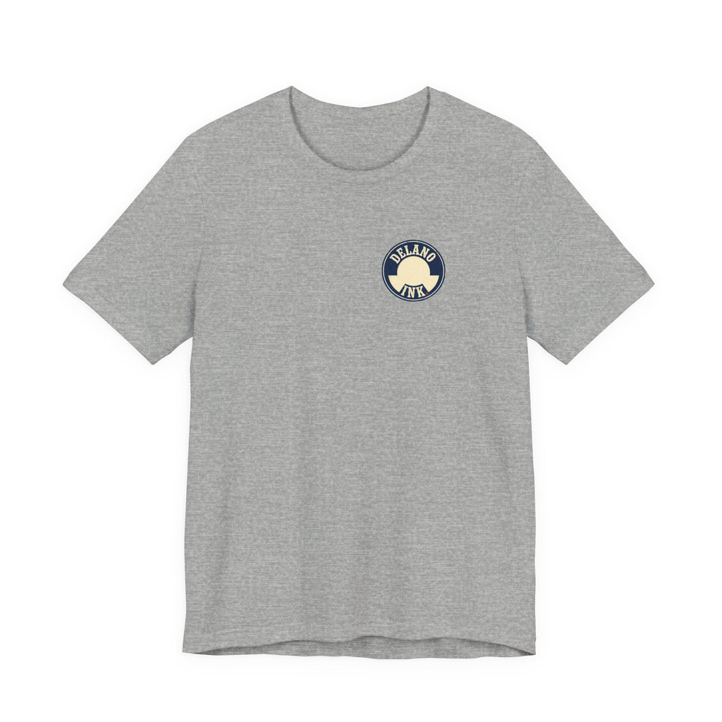 Front of shirt - small Delano Ink logo on the chest