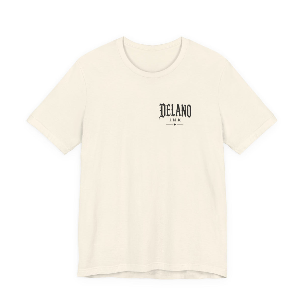 Front of shirt - small Delano Ink logo on the chest