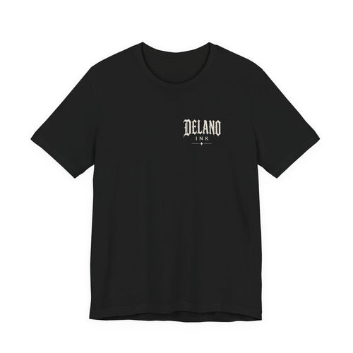 Front of shirt - small Delano Ink logo on the chest