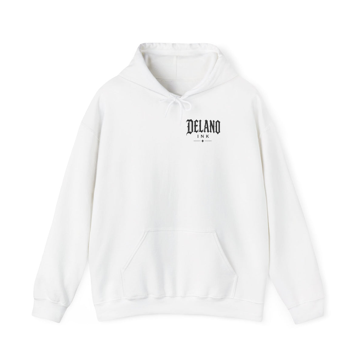 Front of shirt - small Delano Ink logo on the chest