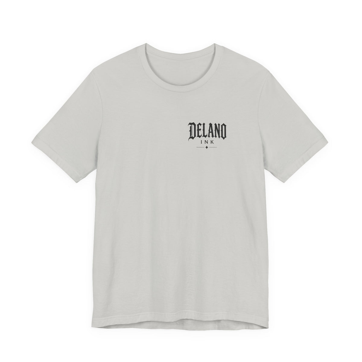 Front of shirt - small Delano Ink logo on the chest
