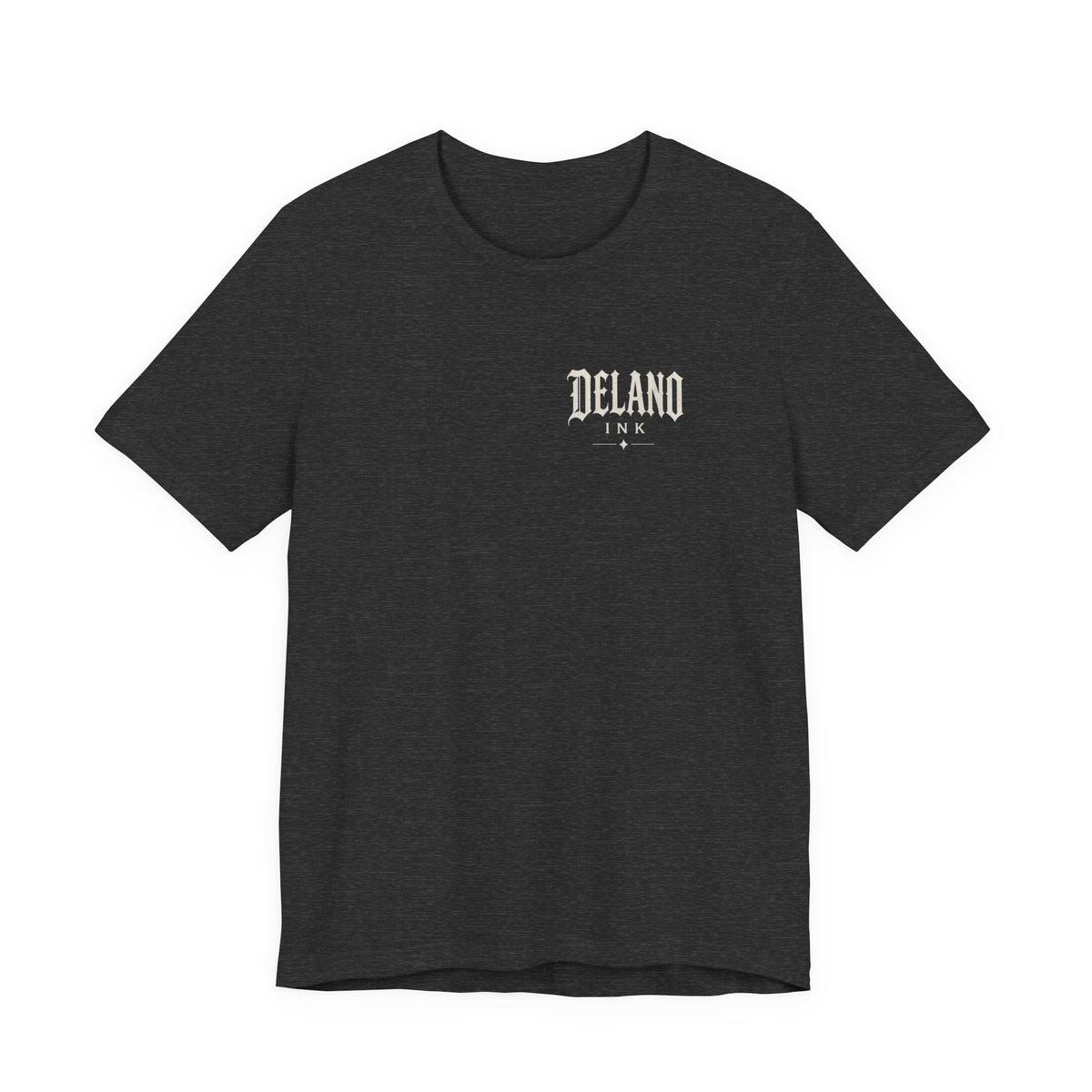 Front of shirt - small Delano Ink logo on the chest