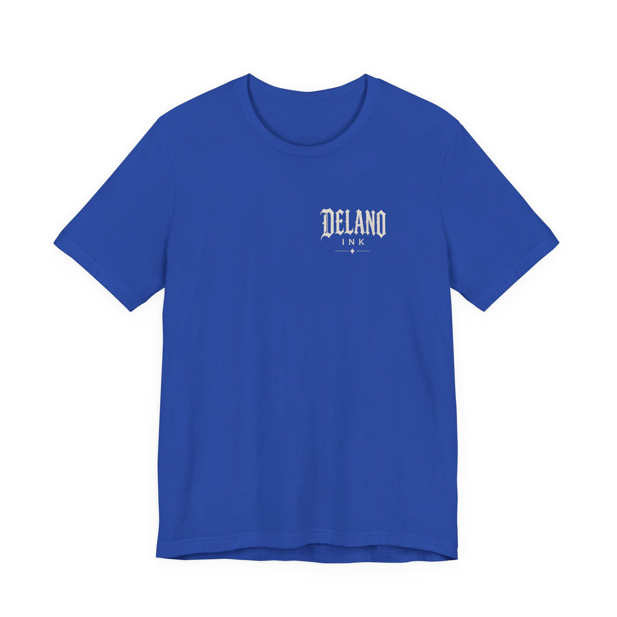 Front of shirt - small Delano Ink logo on the chest
