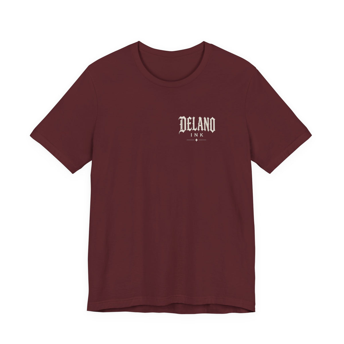 Front of shirt - small Delano Ink logo on the chest