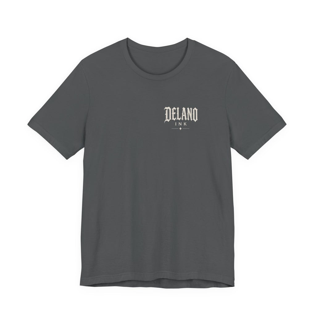 Front of shirt - small Delano Ink logo on the chest